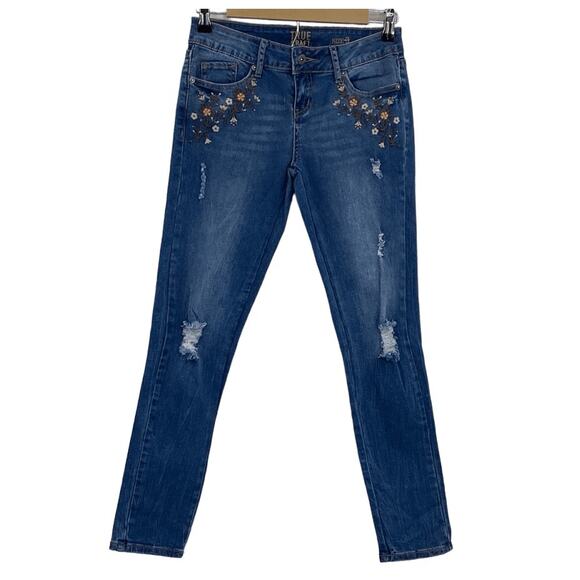 True Craft Denim - True Craft Blue Denim Floral Embroidery Ripped Skinny Jeans Medium Wash Size 3